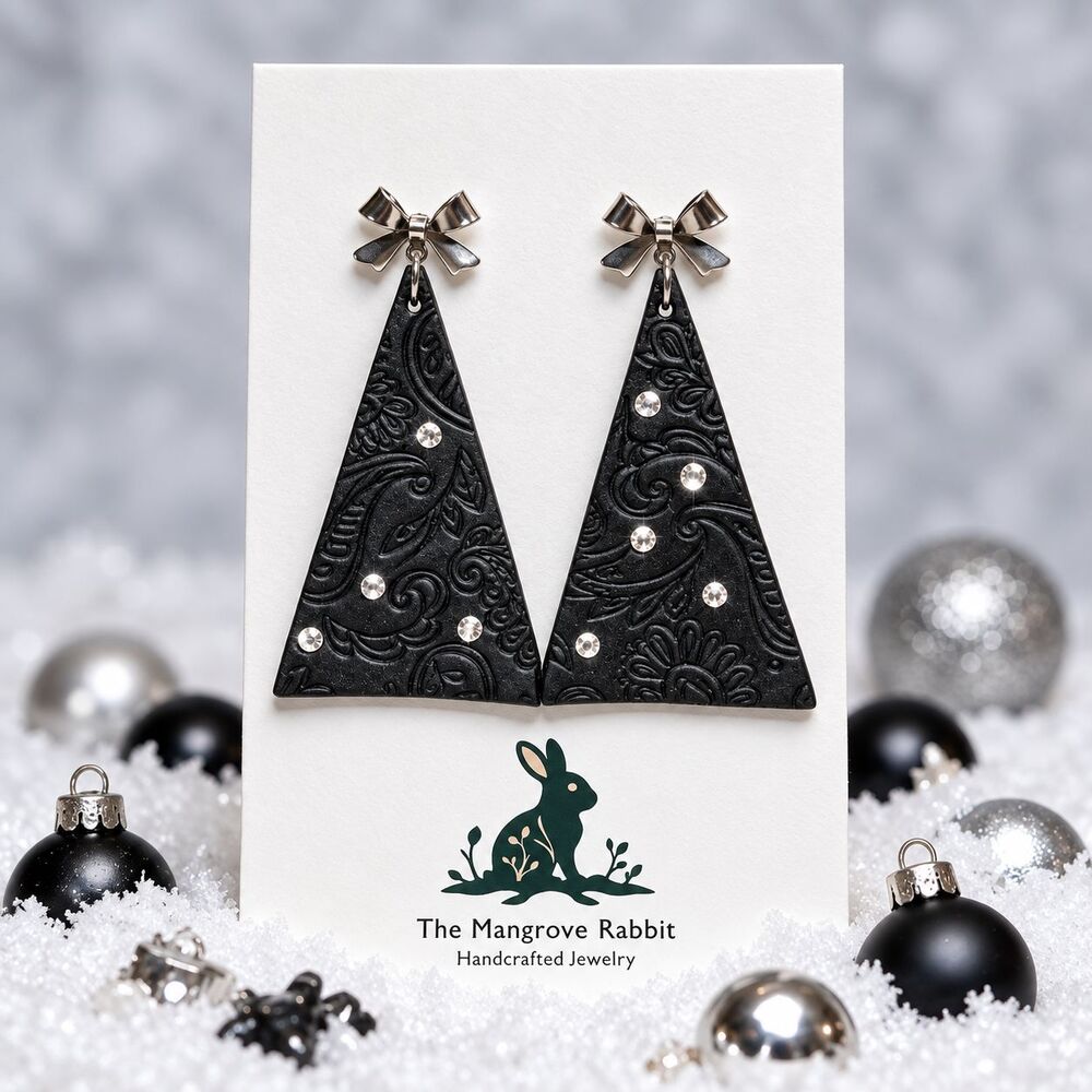 Handmade Black Rhinestone Polymer Clay Nordic Christmas Tree Dangle Earrings